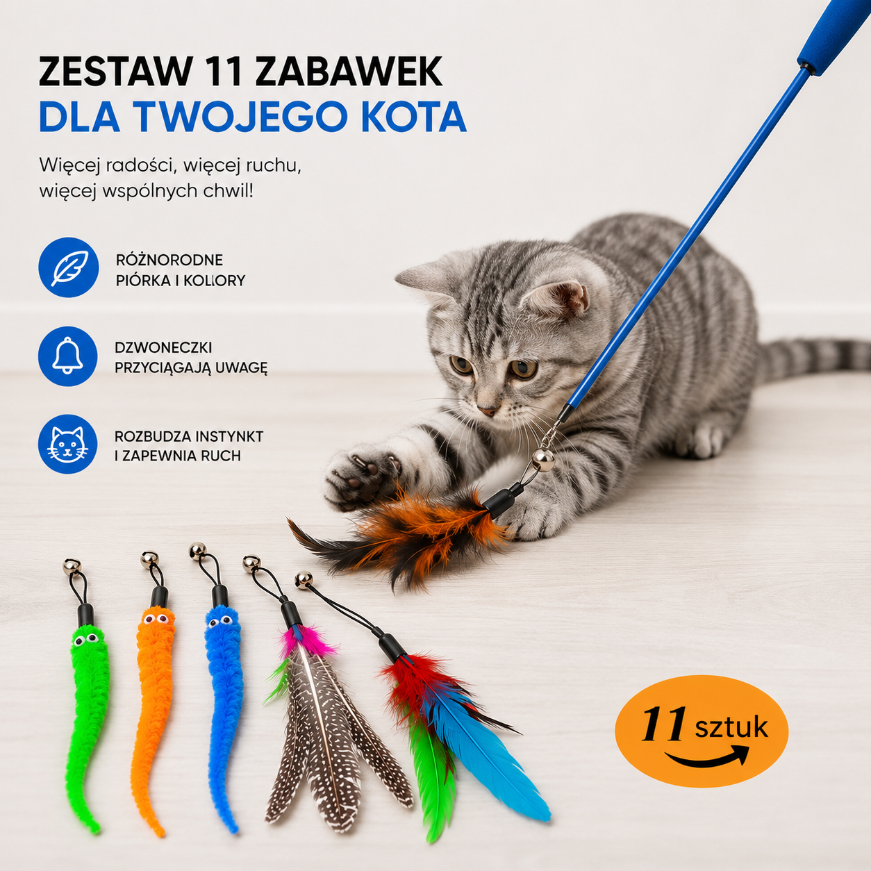 Wędka dla kota z wymiennymi końcówkami
