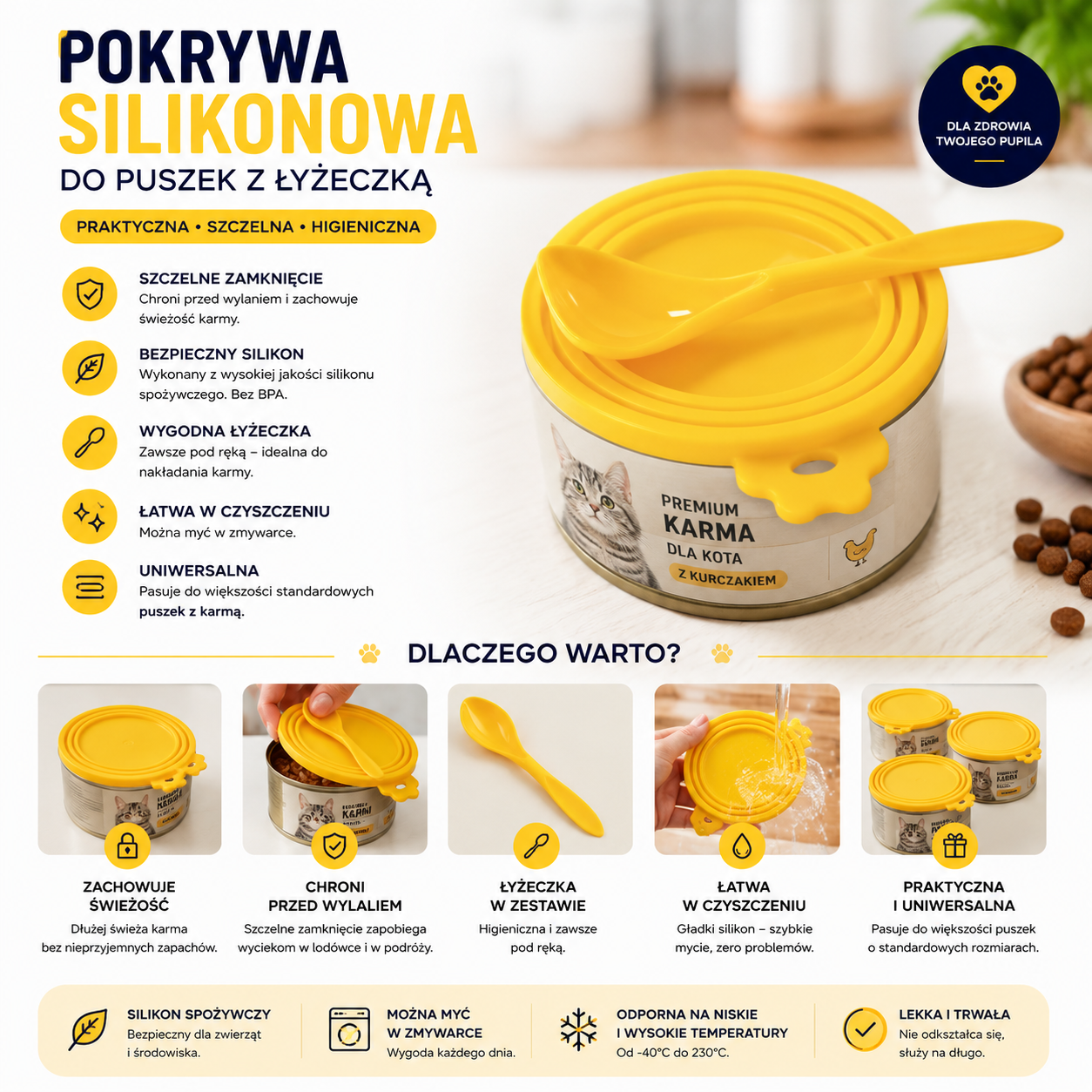 Pokrywka silikonowa do puszek + łyżeczka do karmy
